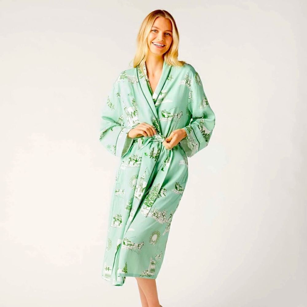 Katie Kime Holiday Toile Mint/Hunter Robe NWT